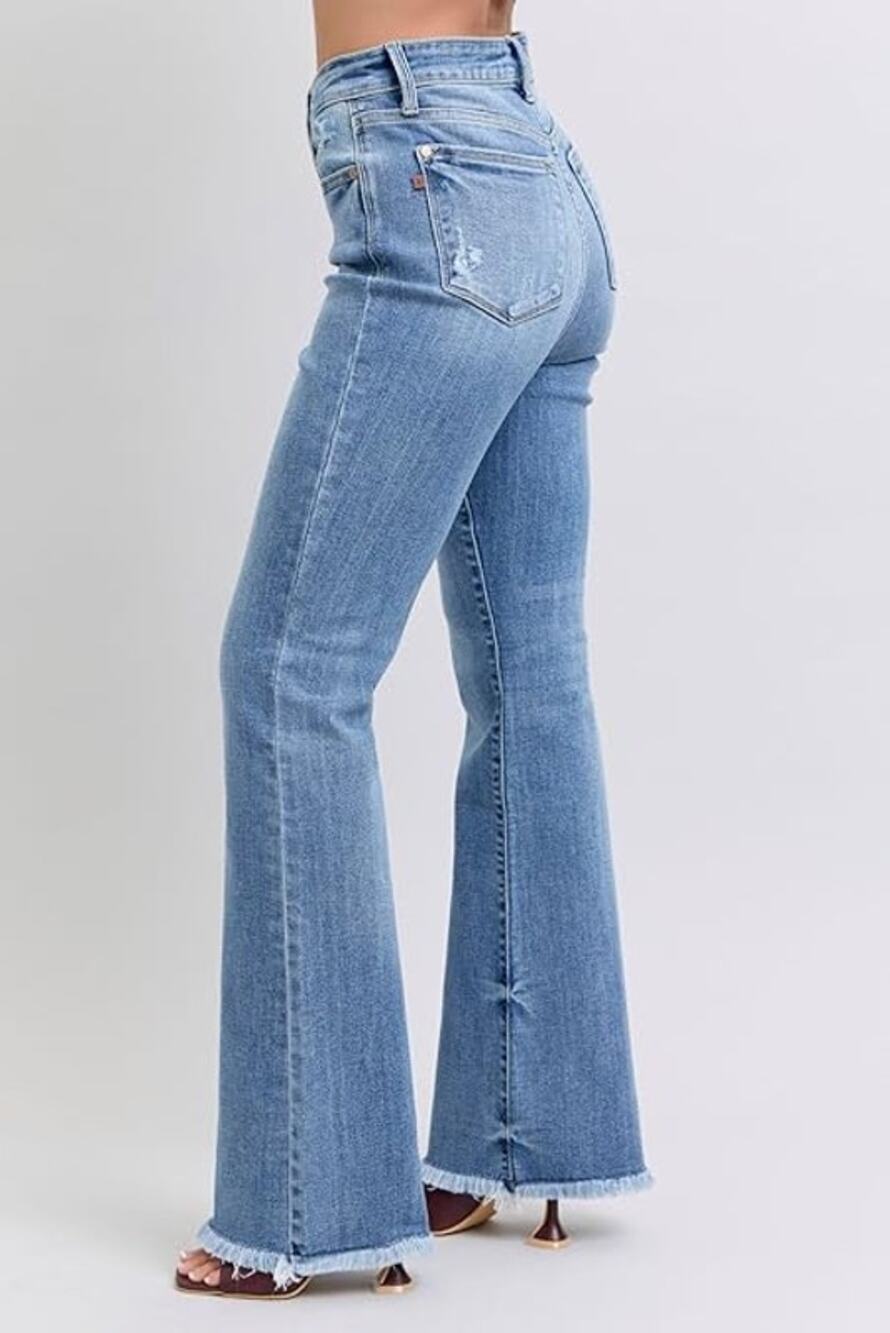 Judy Blue 9/29 High Waist Bootcut Jeans Fray Raw Hem Stylish Cotton-Blend Denim